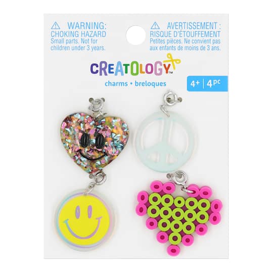 Glittery Heart, Peace Sign, Smiley Face &#x26; Melted Bead Heart Charms by Creatology&#x2122;